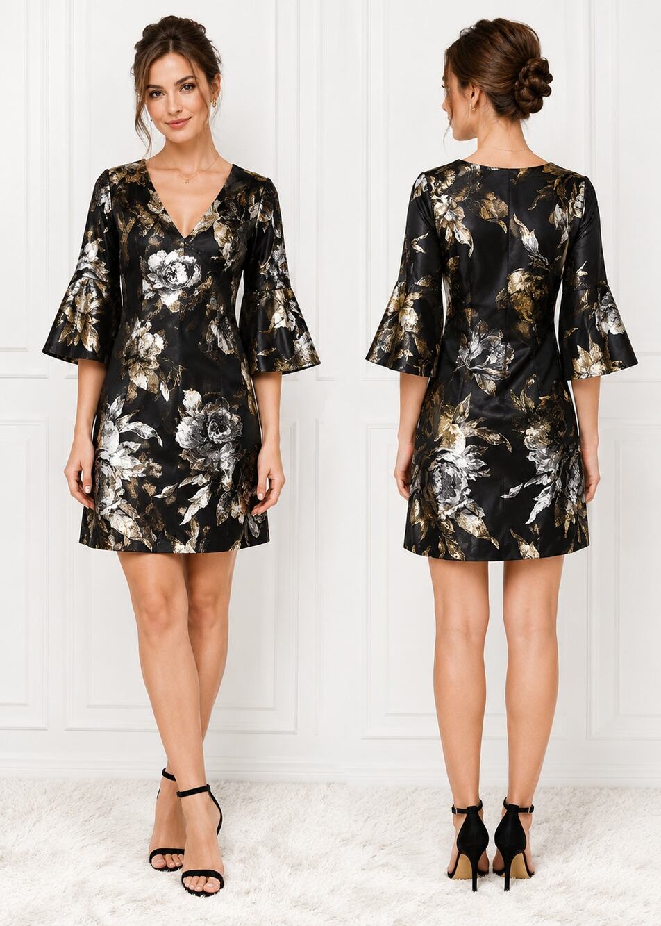 NWT Trina Turk Metallic Floral Bell Sleeve Dress – Size 4